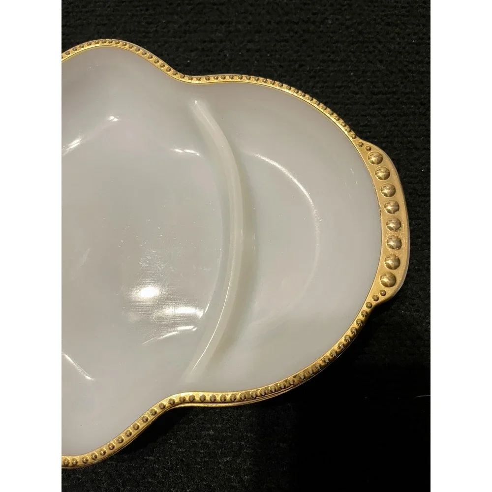 Fire King Milk Glass‎ 3 Section Divided Relish Serving Dish Gold Beaded Edge